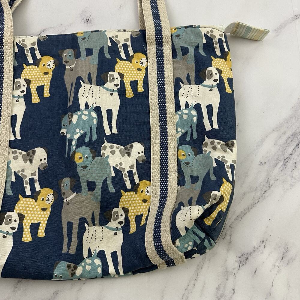 Turquoise Mountain Dog Print Canvas Tote Bag Blue White Handmade Zipper Top - Picture 7 of 11